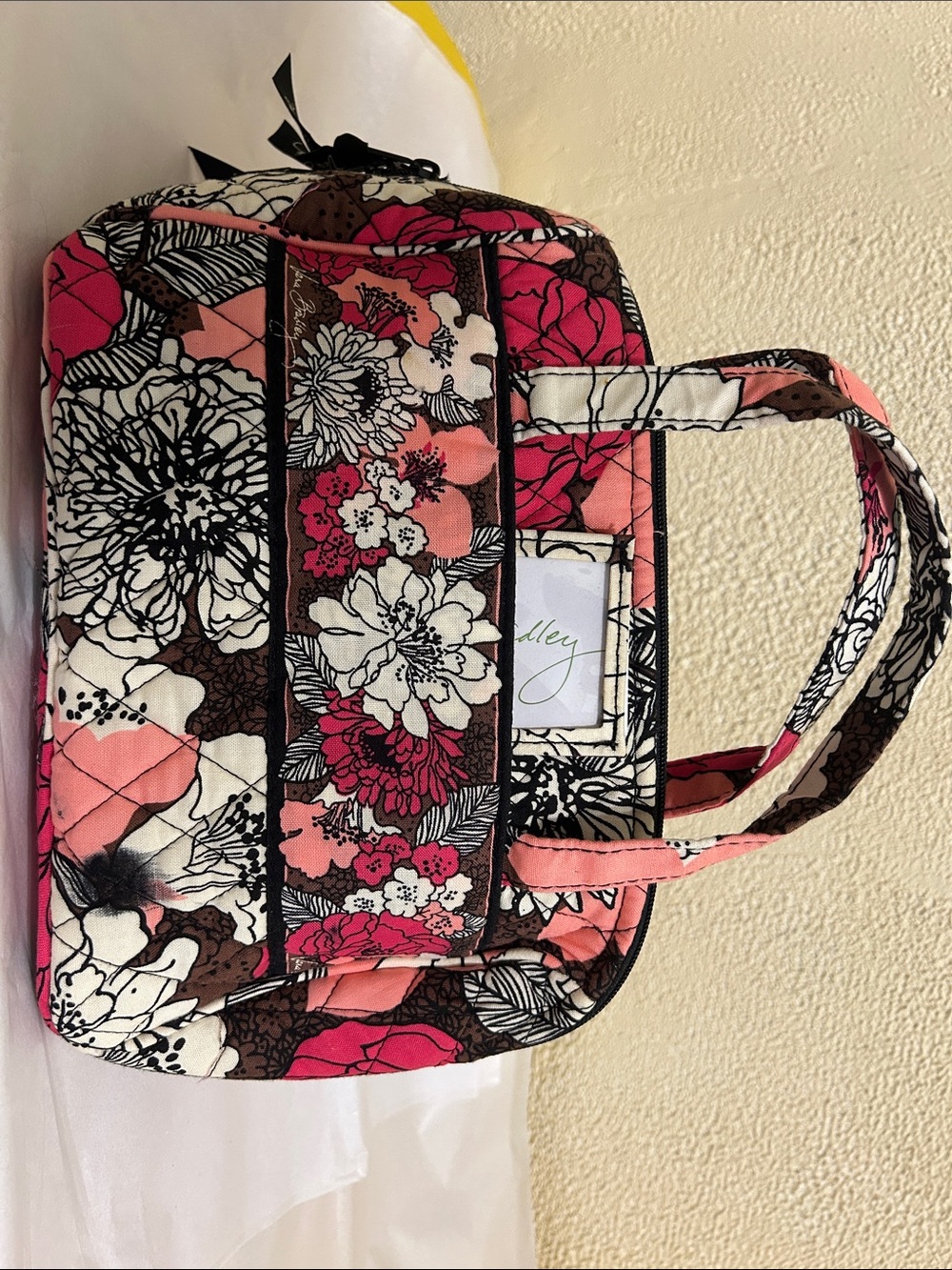 Vera Bradley Pink Floral Quilted Cosmetic Tote with Black & White Accents